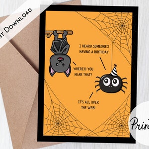 Zabawna kartka urodzinowa na Halloween do wydrukowania, urodziny w październiku, słodki nietoperz i pająk, dla dziecka, dla przyjaciela, dla każdego, natychmiastowe pobranie