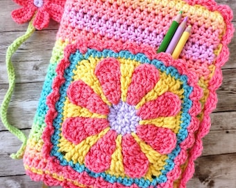 Rainbow Crochet Bible Cover with Retro Flower Pocket  Handmade Book Cover for Jesus Freak Christian Woman Gift Jesus Revolution Flower Power