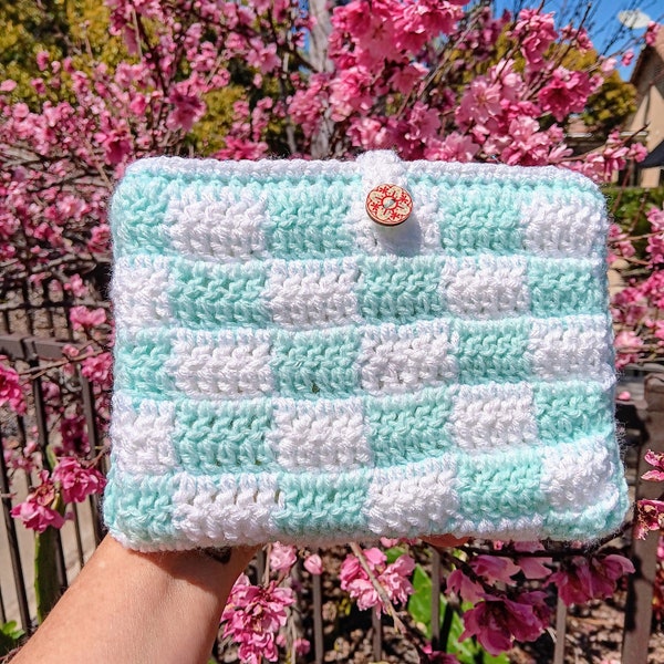 Protège-carnet de chèques au crochet, bleu menthe et blanc, protège-carnet de chèques, cadeau de fête des mères pour les amoureux des livres