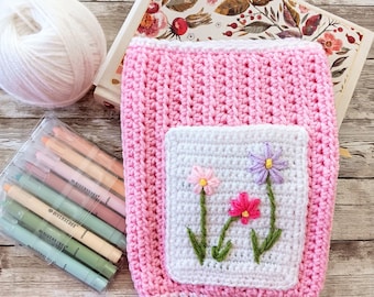 Crochet Bible Cover with Embroidered Flowers Pocket  Handmade Book Cover for Jesus Freak Christian Woman Gift Jesus Revolution