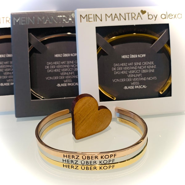 Mantra bangle "Heart over head" | Affirmation helper | Clasp bangle | gold | Lucky charm | Gift | girlfriend | Mom | Valentine's Day