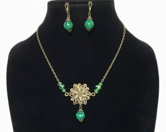 Malachit Bronze Schmuck Set: Kette, Ohrhänger, Sonnenblume Anhänger