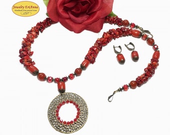 Red Coral Jewelry Set: Bronze Pendant Necklace, Agate Earrings