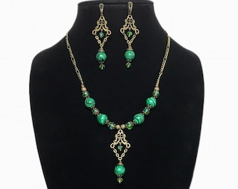 Malachit Schmuck Set: Bronze Mittelalter Kette und Ohrringe