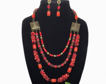 Red Coral Necklace & Earrings Set, Ukraine Ethnic Bronze Jewelry