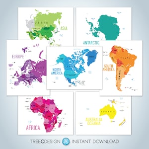 Continenten en landenkaart van de wereld - digitale download