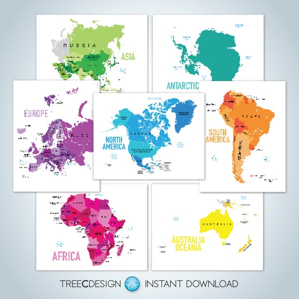 Continents and Countries Map of the World - Digital Download