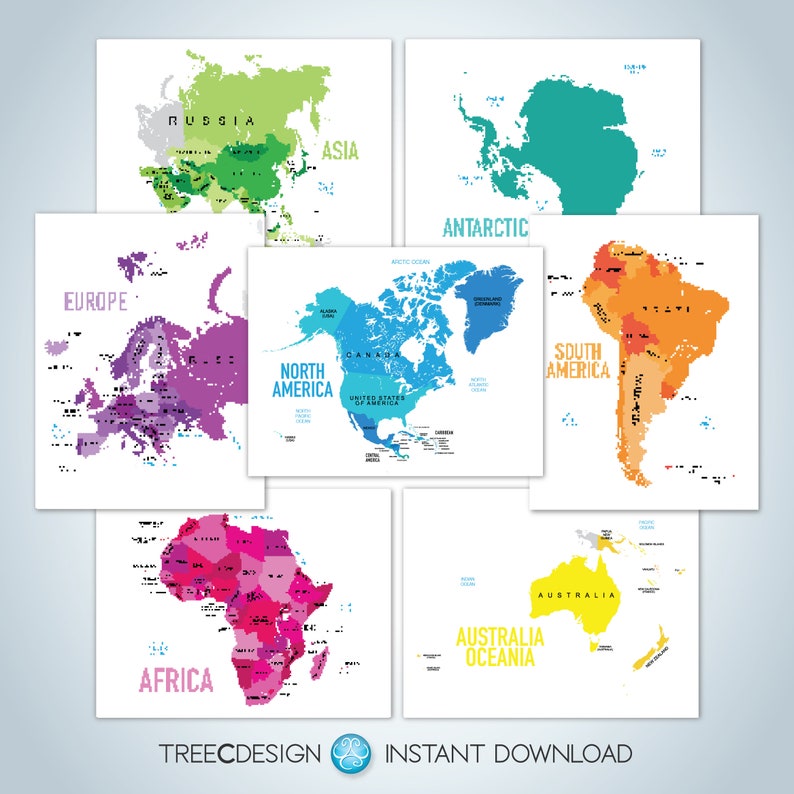 Continents and Countries Map of the World Digital Download - Etsy Ireland