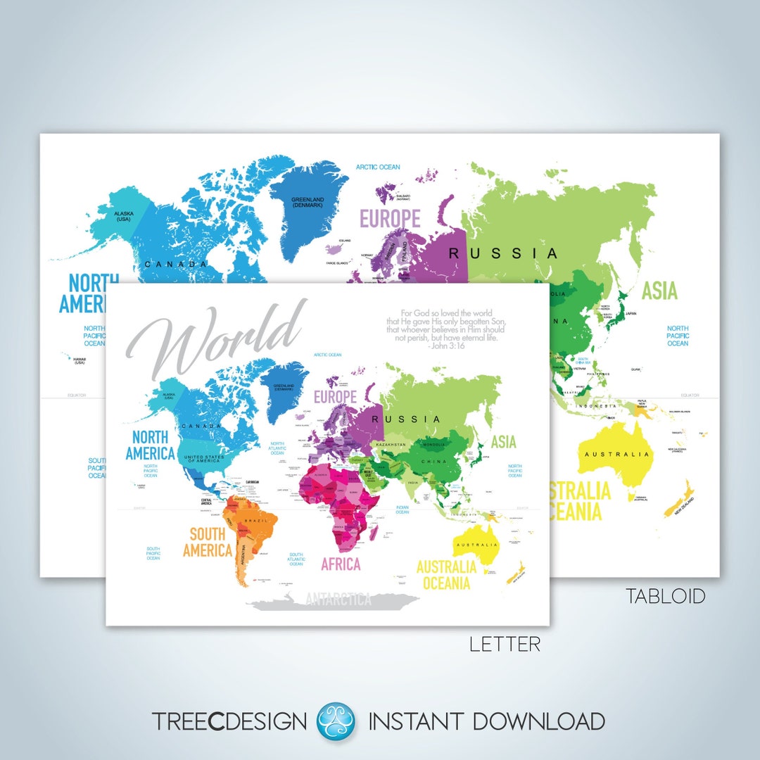World Map - Continents and Countries - Digital Download - Etsy