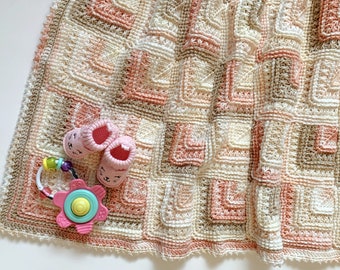 Easy Tunisian Crochet Baby Blanket Pattern with Lacy Mitered Squares