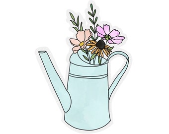 May include: A light blue watering can with a white outline, filled with a bouquet of pink, orange, and yellow flowers. The flowers are drawn in a simple, stylized way.