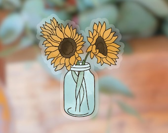 Pegatina transparente de girasoles en frasco / pegatina de flor transparente / pegatina impermeable para botella de agua / pegatina para portátil / pegatina de flor