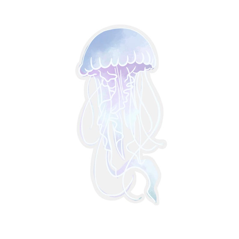 Puede incluir: Una ilustraci&oacute;n de acuarela de una medusa con una campana azul claro y tent&aacute;culos blancos.