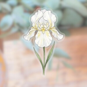 May include: A sticker featuring a detailed illustration of a white iris flower with delicate yellow accents at the center of the petals. The flower has a long green stem and two slender green leaves, all outlined with a clear border.