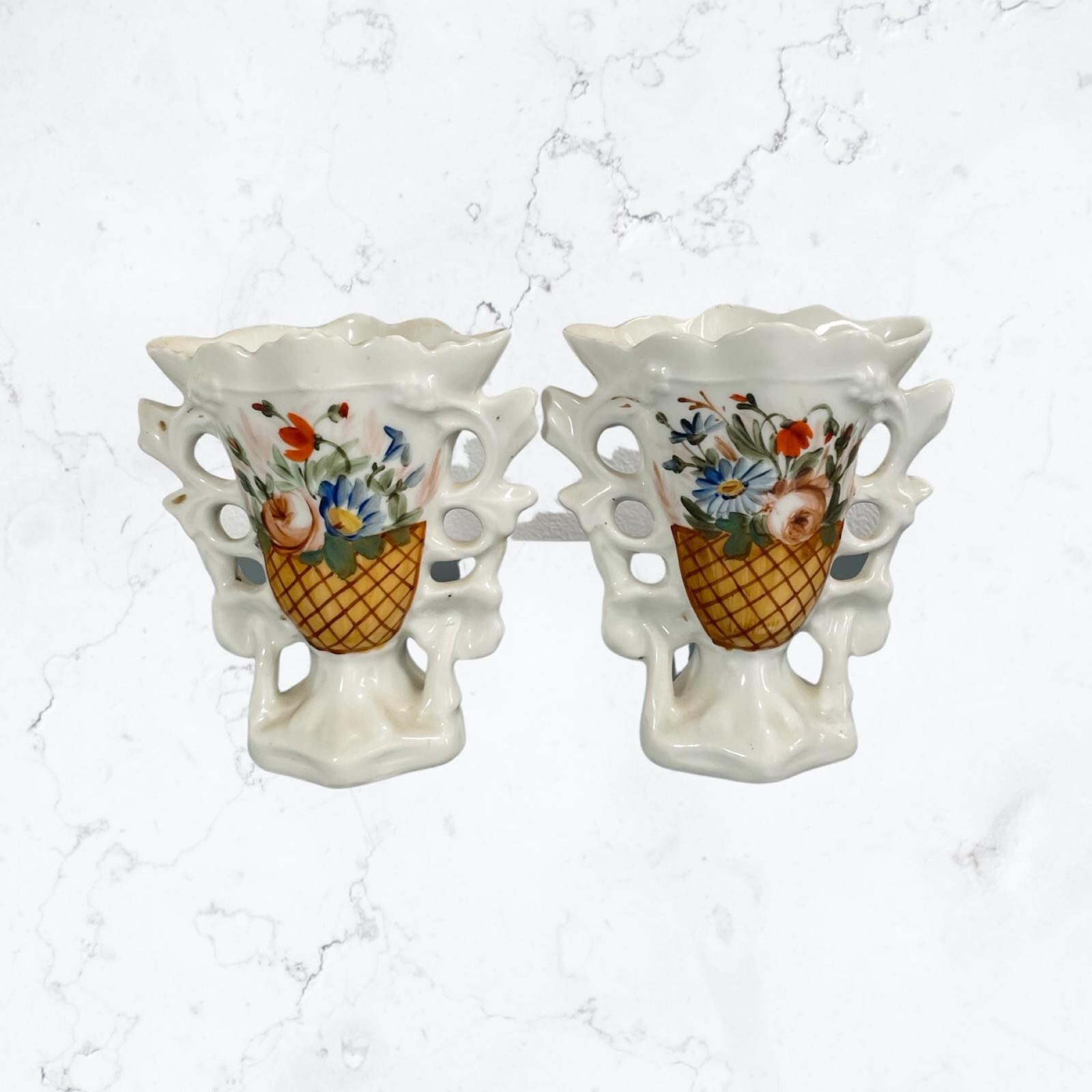 Vases Anciens Français Doubles en Céramique Peints à La Main