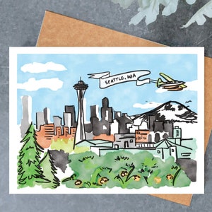 Hello From Seattle Greeting Card, Seattle Washington Card, Greetings from Seattle, Watercolor Seattle Art, Pike Place Market Art