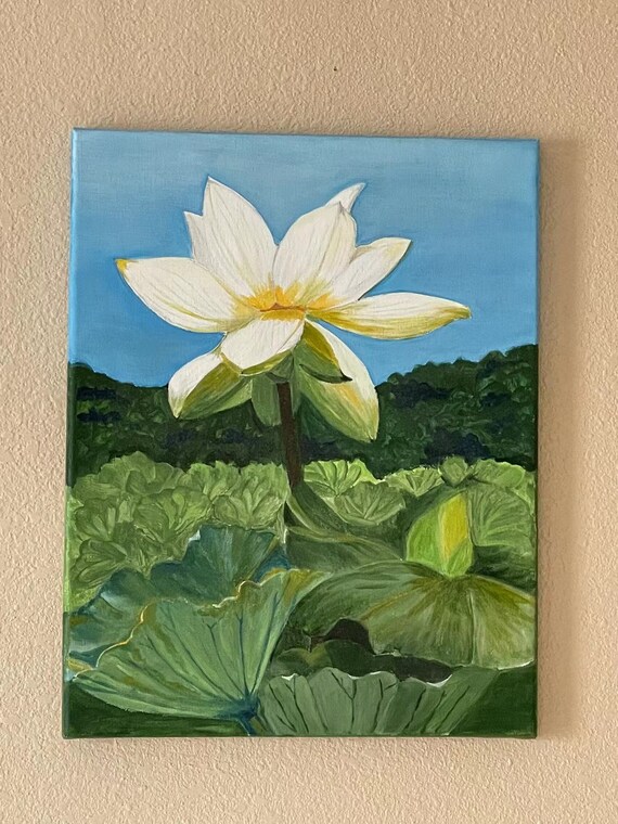 White Lotus Flower Under Blue Sky Original Acrylic Painting Etsy