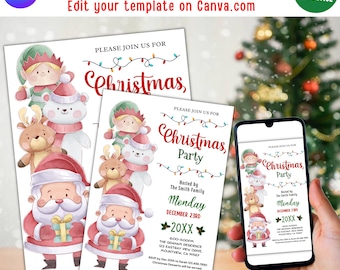 May include: A Christmas party invitation with a watercolor illustration of Santa Claus, elves, and reindeer. The invitation is for a party on Monday, December 23rd, 20XX, at The Graham Residence, 123 Eastray View Drive, Mountview, CA 9567. RSVP by December 20th to Sarah 123.456.7890. Christmas desserts will be served.