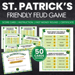 Könnte beinhalten: Ein druckbares St. Patrick's Day Friendly Feud Spiel mit 50 Karten. Die Karten beinhalten Fragen über irische Kultur, Traditionen und Symbole. Das Spiel beinhaltet eine Punktekarte, Anweisungen, eine schnelle Geldrunde und ein Zertifikat.