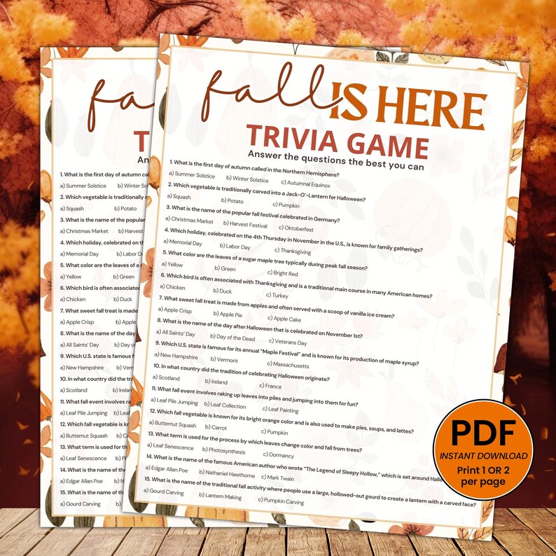 Printable Fall Trivia Game | Autumn Party (digital Download) - Etsy