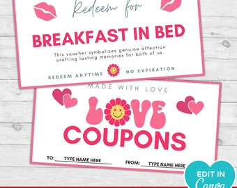 Könnte beinhalten: Zwei rosa und weiße Liebesgutscheine mit Text. Der obere Gutschein lautet "Redeem for BREAKFAST IN BED" mit einer Lippengrafik. Der untere Gutschein lautet "LOVE COUPONS" mit einer Blumengrafik. Der untere Gutschein hat Felder zum Ausfüllen von "AN:" und "VON:"