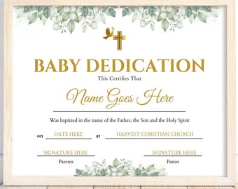 Editable Baby Dedication Certificate, Greenery Baptism Template (Digital Download)