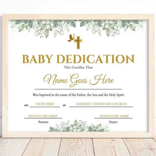 Baby Dedication Certificate, Baptism Certificate Editable Greenery, Child Dedication Template, Baby Christening Dedication