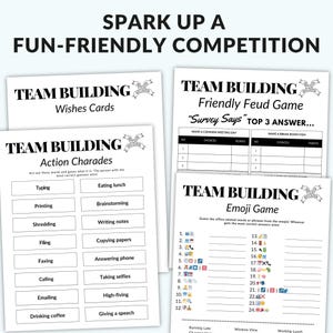 Printable team building games perfect for coworkers, office events, team bonding, and icebreaker activities. Fun games for happy hour, virtual meetings, or office parties.