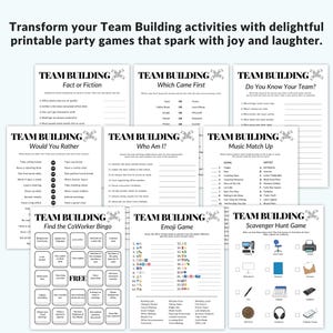 Printable team building games perfect for coworkers, office events, team bonding, and icebreaker activities. Fun games for happy hour, virtual meetings, or office parties.