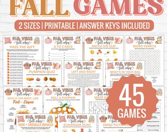 May include: A set of 45 printable autumn-themed games featuring a watercolour pumpkin and squirrel design. The games include a mix of word searches, quizzes, and bingo. The text on the image reads "Fall Vibes - fall vibes - 45 Games".