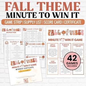 May include: A printable set of fall-themed Minute to Win It game cards. The cards feature a variety of games, including apple tower, pumpkin toss, candy corn catch, leaf blower, and scarecrow stuff. The set includes 42 games and a winner certificate.