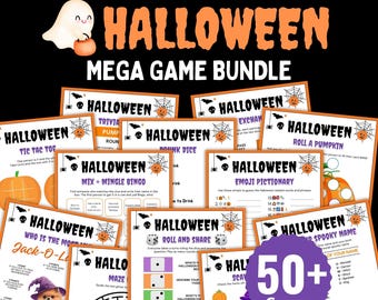 Op de afbeelding: Een Halloween Mega Game Bundle met meer dan 50 spellen, waaronder trivia, bingo en emoji-pictionary. De afbeelding toont afdrukbare spelvellen met oranje en zwarte ontwerpen en de tekst "Halloween".