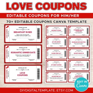 Printable Love Coupons Book for Her for Him, Customizable Valentines Day Coupon, Gift for him, Husband Gift, Anniversary Gift, Love Vouchers
