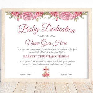 Editable Baby Christening Dedication, Baby Dedication Certificate Template, Printable Baptism Gift, Pink Roses