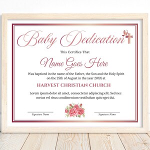 Baby Dedication Certificate Template Rose Gold, Child Dedication Certificate for Girl, Baptism Certificate