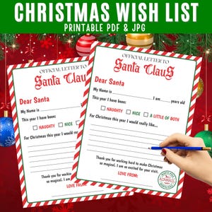 Printable Christmas Wish List, Kids Wish List,  Santa Letter, Dear Santa, Letter to Santa Claus, Red And Green Stripes