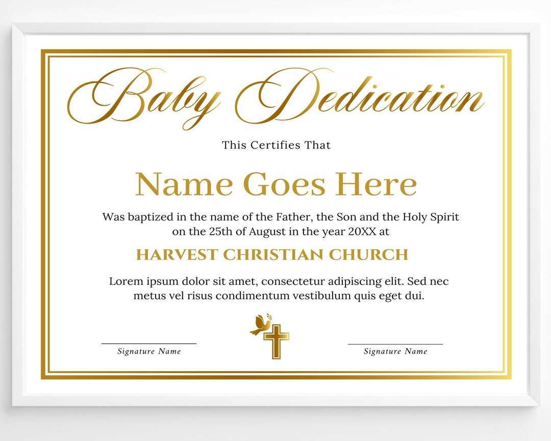 Baby Dedication Certificate Template Gold Child Dedication Etsy