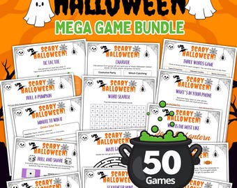 Op de afbeelding: Een Halloween Mega Game Bundle met 50 spellen. De oranje achtergrond toont witte geesten en zwarte boom silhouetten. Spelkaarten zijn onder meer Tic Tac Toe, Charade, Woordzoeker en Trivia. Een zwarte ketel met groene borrelende vloeistof toont het nummer 50.