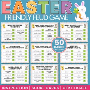 May include: A colorful printable Easter game with 50 cards. The cards feature different categories related to Easter, such as traditions, food, colors, and symbols. Each card has a list of items with points assigned to each item.