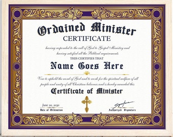 Editable Ordination Certificate Template, Purple and Gold (Canva)
