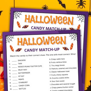 May include: A printable Halloween candy match-up game with a purple border and a spiderweb design. The game asks players to match the candy to their correct clues. The candy names listed are: Snickers, Twix, Reese's Peanut Butter Cups, Milky Way, Butterfinger, Kit Kat, M&M's, Starburst, Candy Corn, and Skittles.