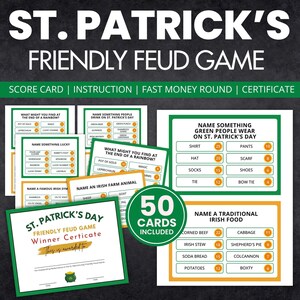 Könnte beinhalten: Ein Set mit 50 Spielkarten zum Thema St. Patrick's Day mit grünen und goldenen Akzenten. Die Karten beinhalten Fragen zur irischen Kultur, Essen und Traditionen. Die Karten sind perfekt für einen lustigen und festlichen Spieleabend.