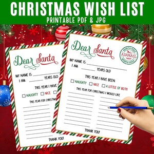 Christmas Wish List Printable, Kids Wish List,  Santa Letter, Dear Santa, Letter to Santa Claus, Red And Green Stripes