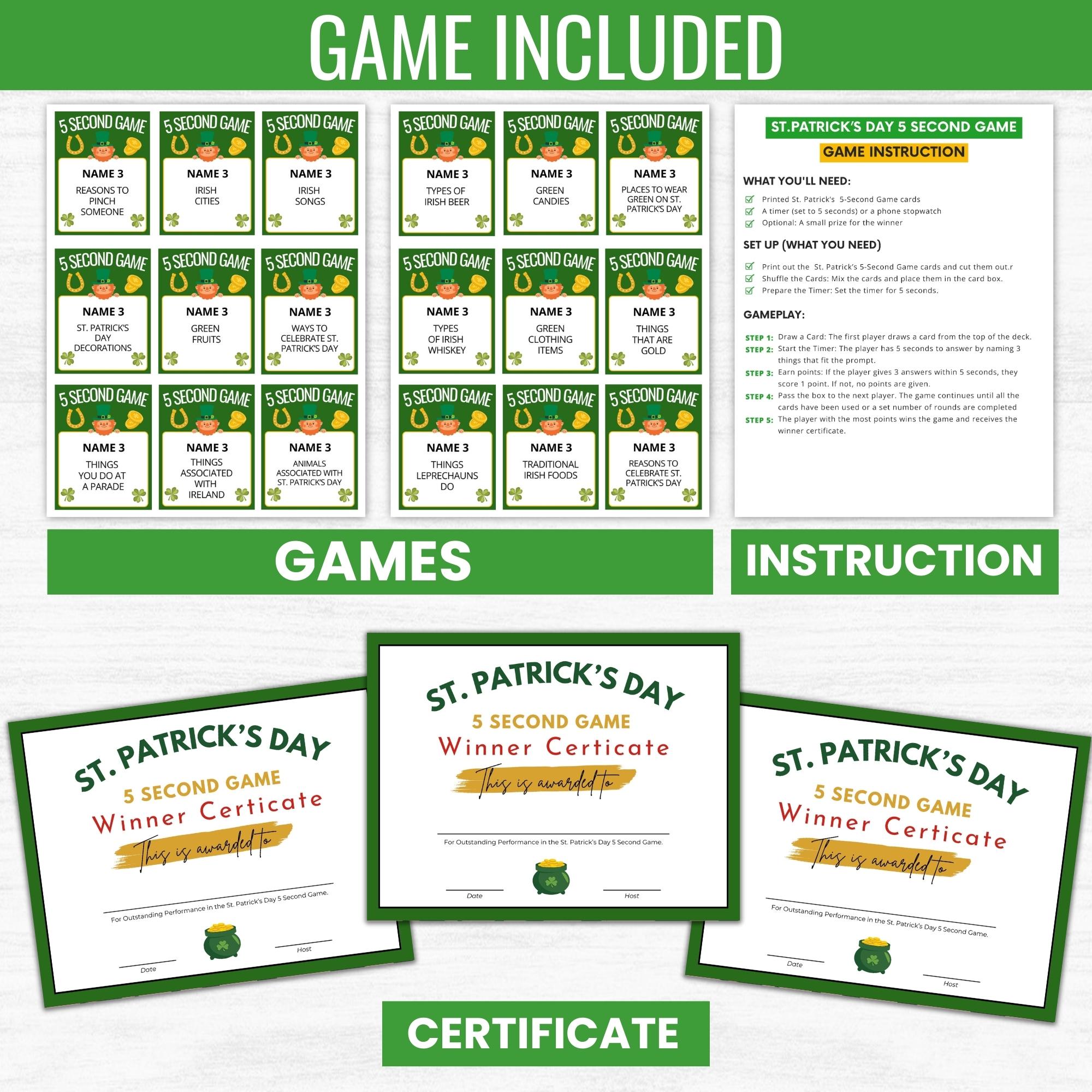 St. Patrick's Day 5 Second Game – Printable Party Challenge (instant ...