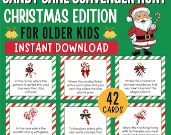 May include: A printable Christmas scavenger hunt game for older kids. The game features 42 cards with clues that involve finding candy canes hidden around the house. The cards are decorated with red and green stripes and a candy cane graphic.