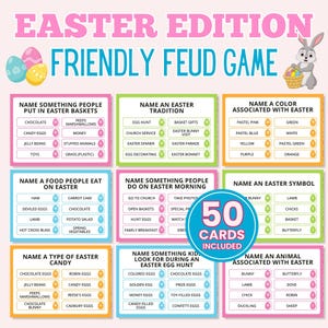 May include: A set of 50 Easter-themed game cards with pink, green, and yellow backgrounds. Each card has a different question related to Easter traditions, food, colors, symbols, and candy. The cards are perfect for playing a friendly feud game with friends and family.