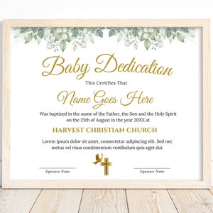 Baby Dedication Certificate Template, Child Dedication, Printable Baptism Certificate, Bautizo, Baptism Keepsake, Watercolor Greenery