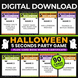 May include: A digital download for a Halloween-themed party game. The image shows game cards with prompts like "Things You'd Find in a Haunted House." The game includes 90 cards and a card box.