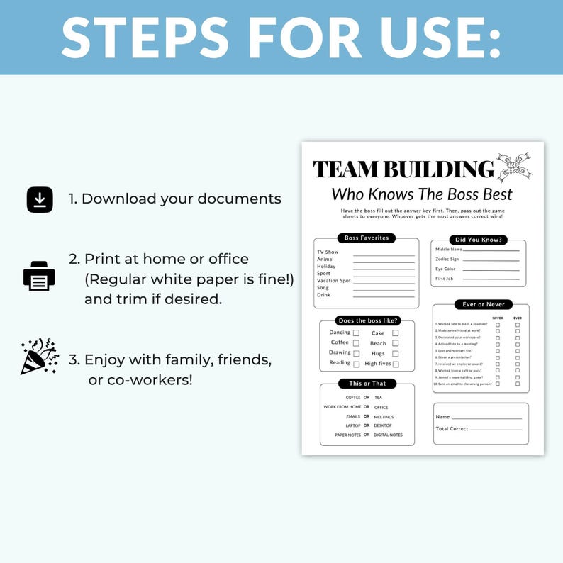 team building games, office party games, printable games, coworker games, icebreaker activities, workplace fun, happy hour ideas, team bonding, employee engagement, office trivia