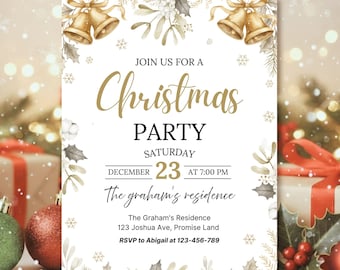 Elegant Christmas Party Invitation, Gold Holiday Invite (Digital Download)